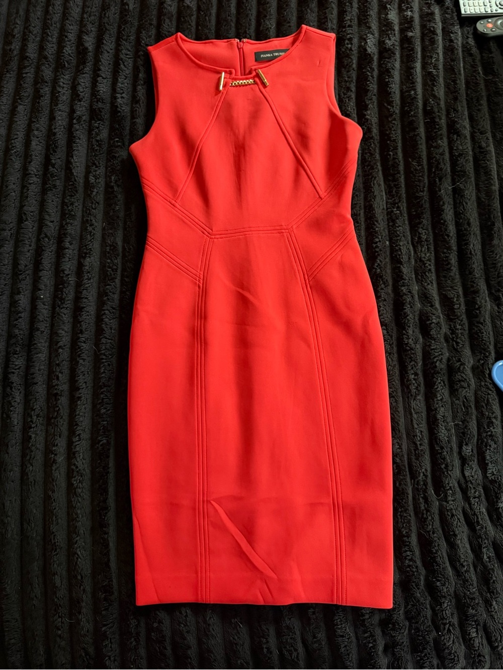 Ivanka Trump Red Sleeveless Sheath Dress with Gold Chain Detail